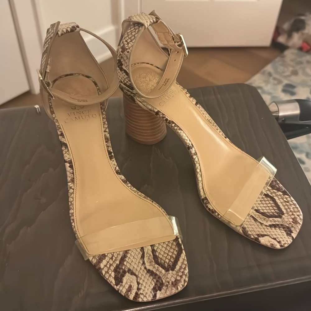 Vince Camuto Snake/clear ankle strap heels.